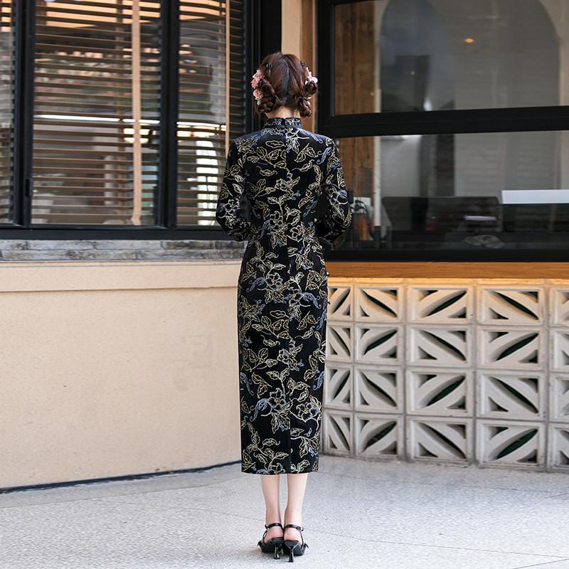 Bronzing black velvet national style new Chinese Suzhou long-sleeved autumn cheongsam improved young women's high-end sense spring and autumn