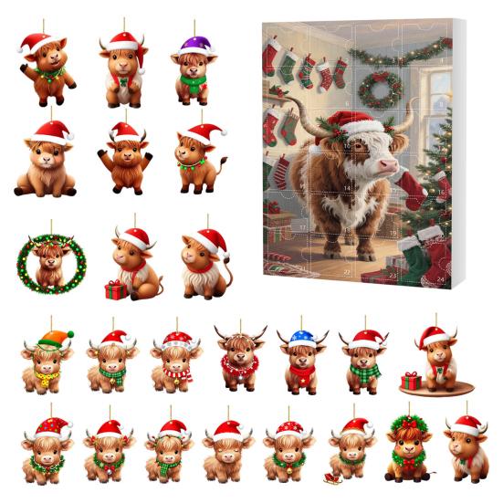Scottish Highland Cow Advent Calendar Christmas 24 Days Funny Cow Countdown 2D Design Holiday