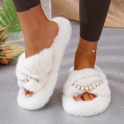 Luxe Parelketting Decoratie Korte Pluche Slippers Dames 2025 Herfst Ronde Neus Lage Hak Pantoffels Warme Faux Fur Buitenslippers