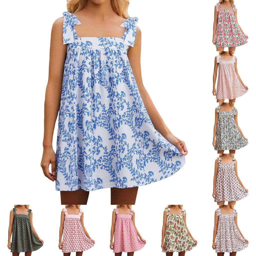 Women's Flower Tie Dress Cute Square Neck Loose Beach Short Dress Open Back Bohemian Summer Sundress