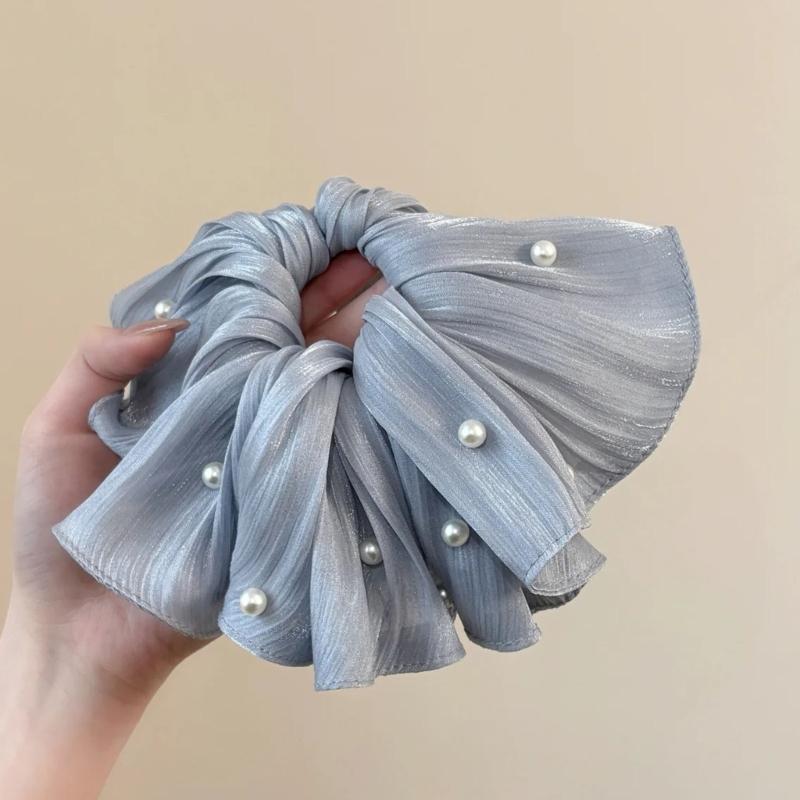Übergroße Haargummis mit plissiertem Mesh und Perlendetail, Zopfgummi, modische Haaraccessoires für den täglichen Gebrauch