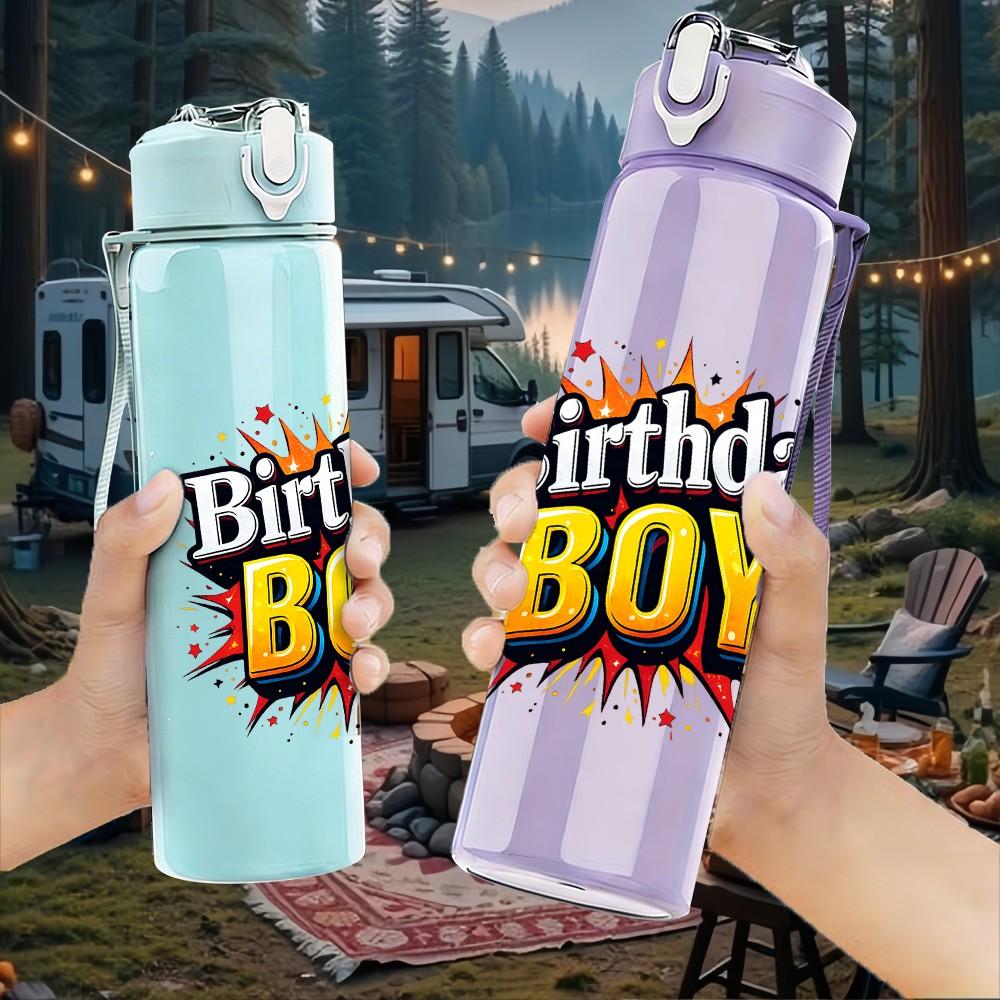 1PC Birthday BOY Burst Letter Print 750ml Color Plastic Sports Water Bottle Leakproof Flip Straw Lid Suitable for Sports Office Home Use