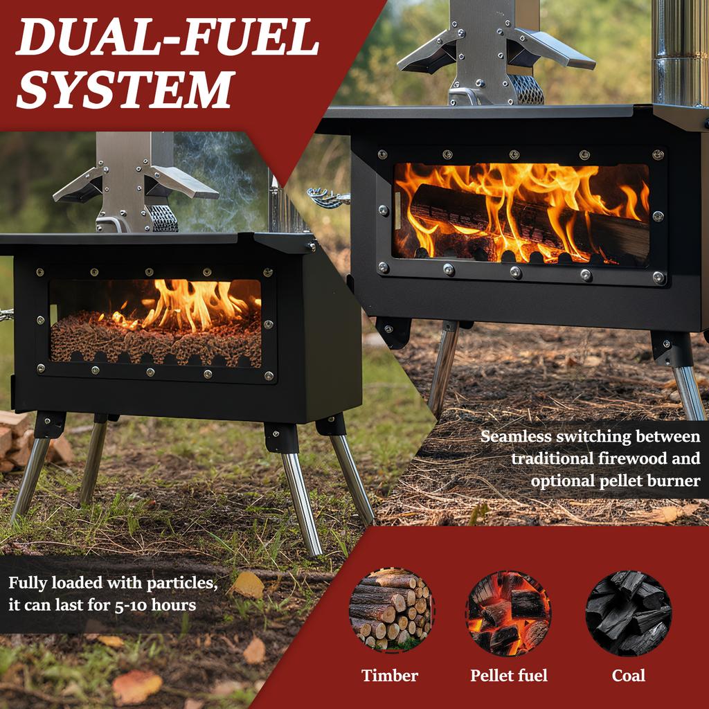 Portable Wood Burning Stove with Stainless Steel Construction Small Wood Stove Chimney Pipes Included for Outdoor Cooking Hiking