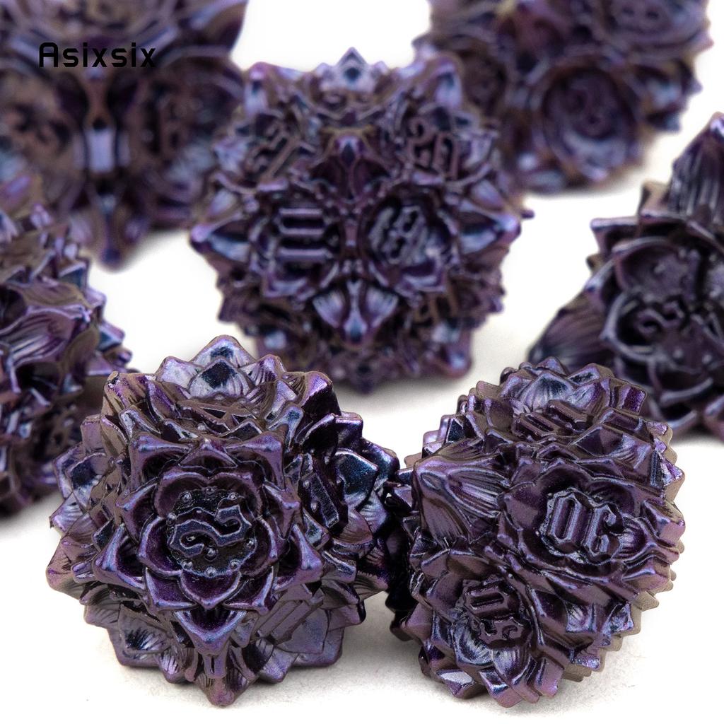 7 Pcs Purple Black Lotus Flower Metal DicePerfect For Rpgs, Board Games, And Card Games.Dice For Games, Dnd Dice Set