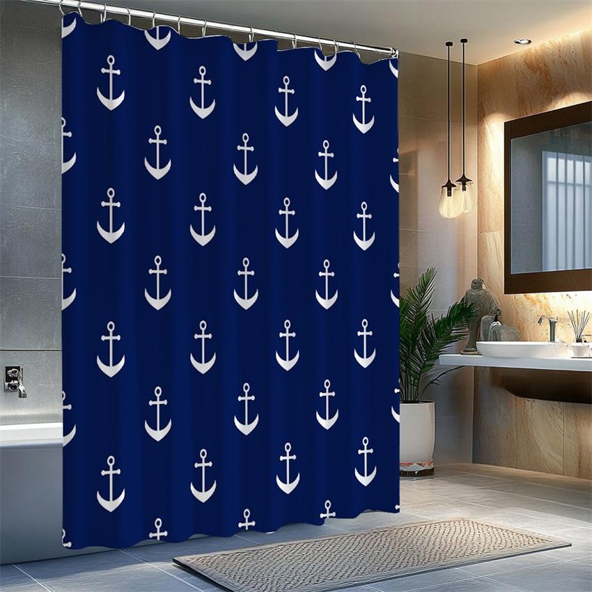 Single Shower Curtain Featuring a Pattern of White Anchors on a Dark Navy Blue Backdrop, Designed with a Minimalist Aesthetic fo