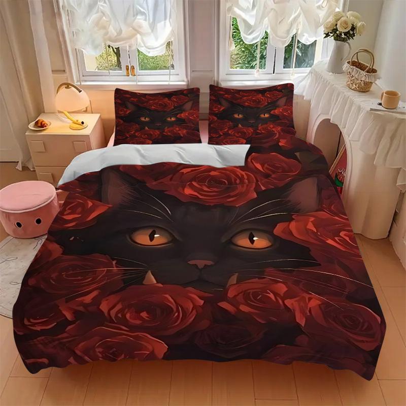 3pcs Black Cat Roses Duvet Cover Set - Machine Washable, Includes 1 Cover and 2 Pillowcases, No Core Included yy251013077
