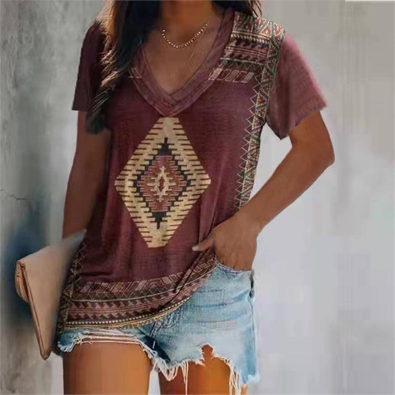 

2023 Ethnic Style Women s Short Sleeve Double Layer Collar T-Shirt 5XL