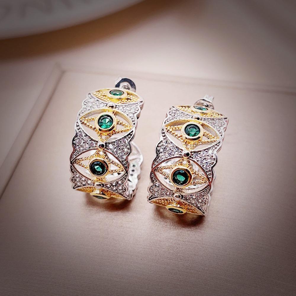 Italian Vintage Two Tone Gold Venetian Tear Green Diamond Earrings French Antique Emerald Star Moon Eye Ring Women Jewelry Set