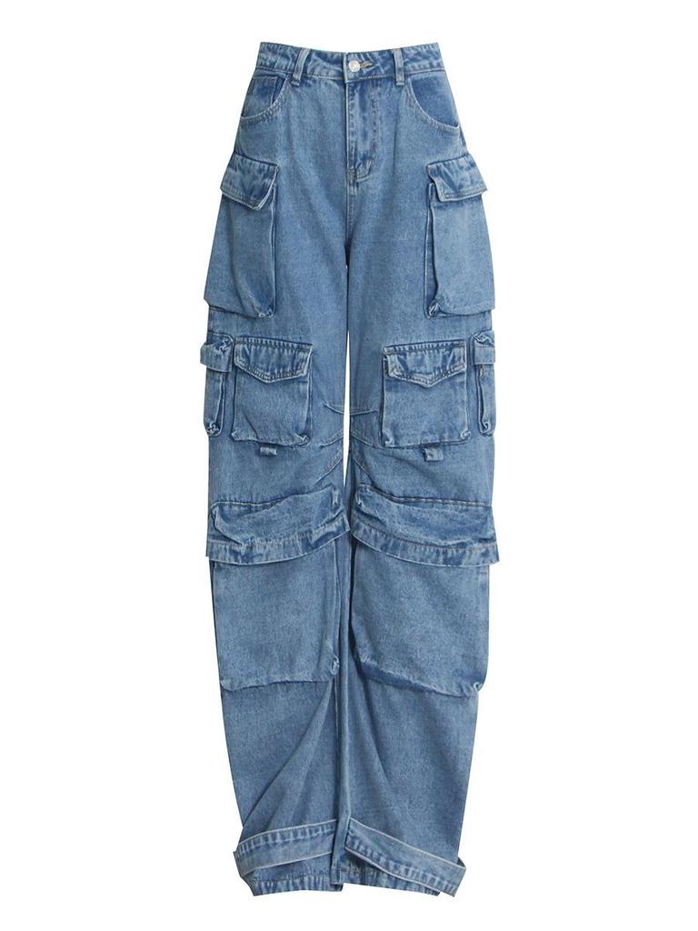 Autumn 2025 Women's High-Waisted Wide-Leg Jeans with Large Pockets and Casual Style