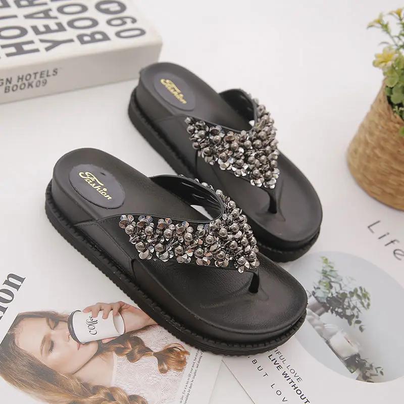 Fashion Height Slides Open Toe Rhenstone Black Indoor Women's Slippers and Ladies Sandals Shoes On Beach Platform Flip Flops Outside B G