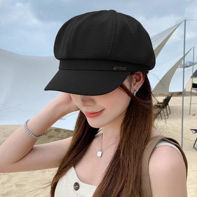 Hat Women'S Summer Octagonal Hat Retro British Style Cap Small Face Fashion Metal Label Newsboy Hat Thin