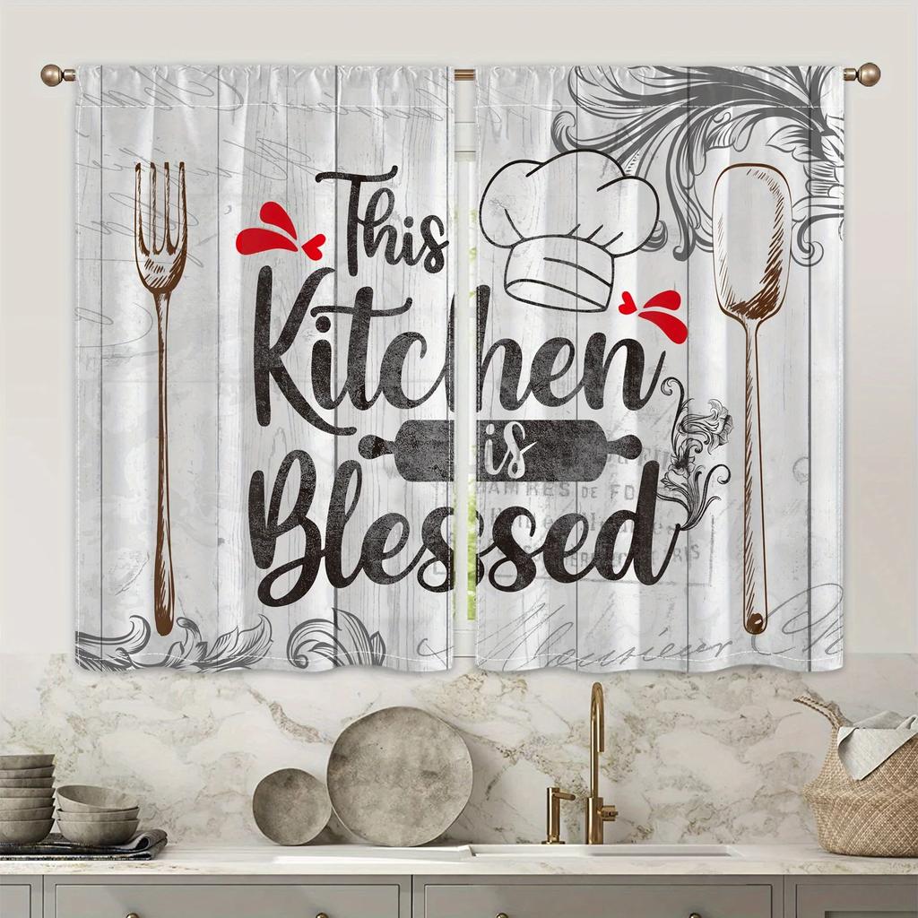 2pcs Farmhouse Kitchen Curtains Rustic Country Fork Knife Vintage Window Treatment For Kitchen Bedroom Cafe Living Room Home Dec