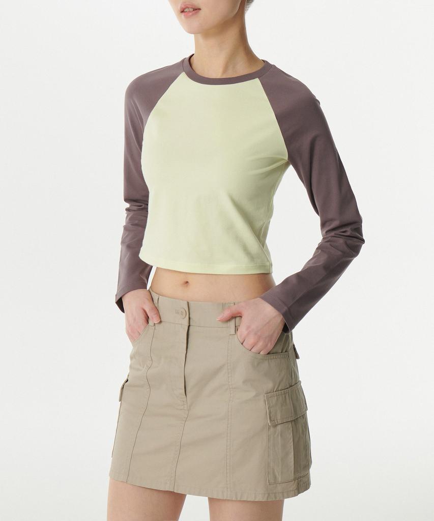 MUSINSA STANDARD WOMAN Women'S Slim Crop Raglan Long Sleeve T-Shirt [Lemon/Red Brown]