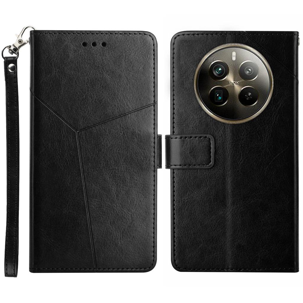 For Realme 12 4G/12+ 5G Case with Wrist Strap Y Shaped Lines Imprint Leather Phone Cover