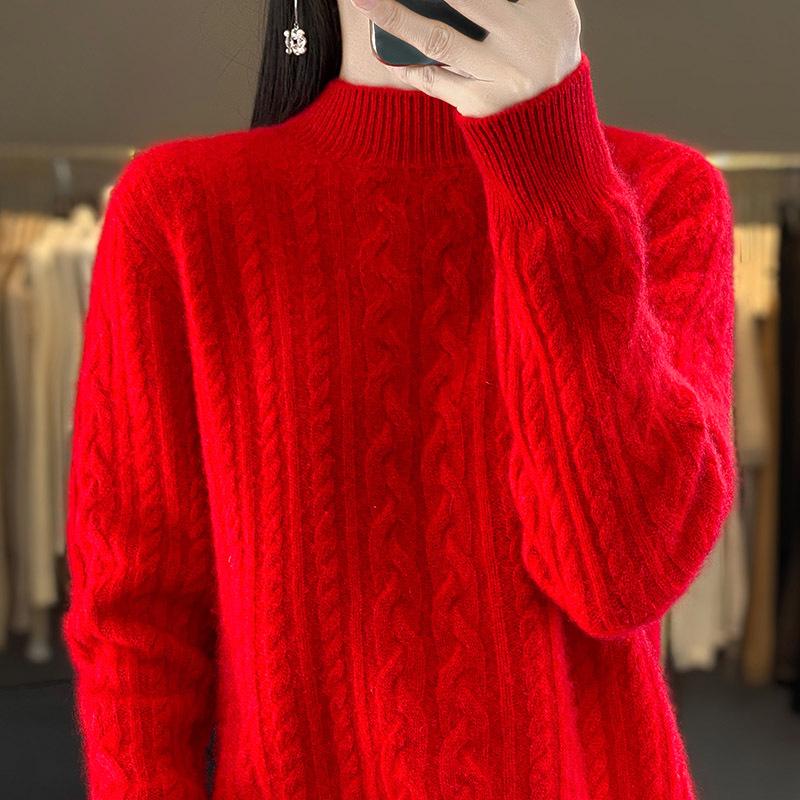 Autumn/Winter 2025 Women's High Neck Pure Wool Cable Knit Slimming Long Sleeve Top