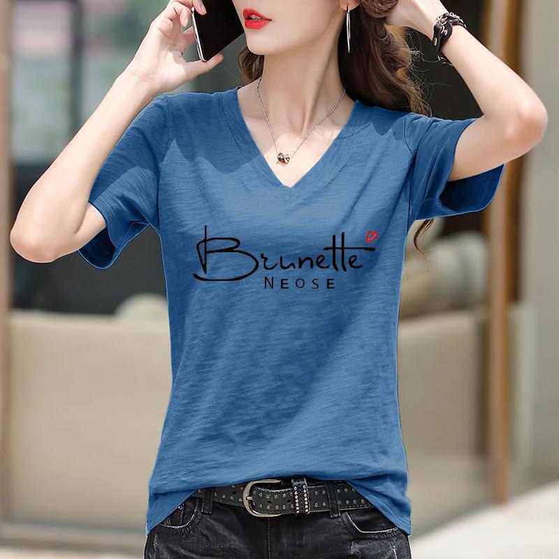 Women's Korean Style Loose Bamboo Cotton V-Neck Printed Half-Sleeve T-Shirt