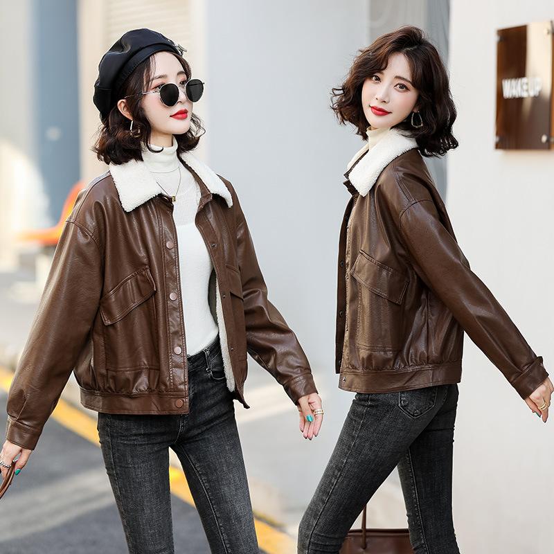 Genuine Leather Jacket Women's Short Autumn and Winter New Korean Style Velvet Sheepskin Cotton Jacket Casual Jacket