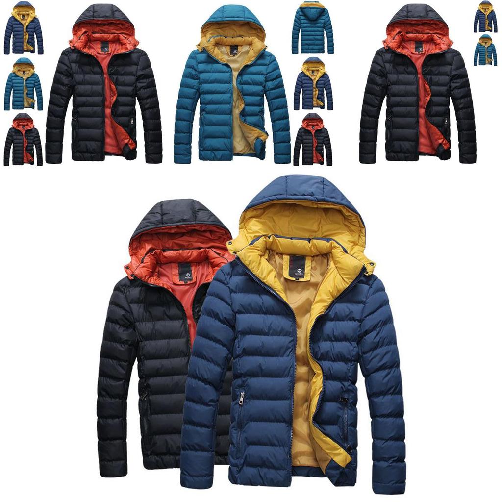 Men's Winter Warm Hooded Thick Padded Jacket With Stylish Stand Collar And Zipper Pockets