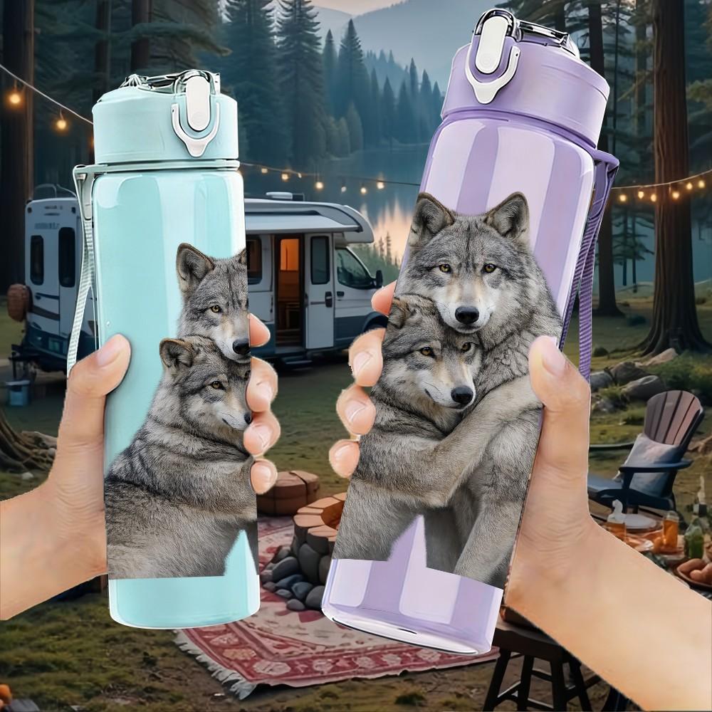 1PC Two Grey Wolves Hugging Animal Print 750ml Color Plastic Sports Water Bottle Leakproof Flip Straw Lid Suitable for Sports Office Home Use