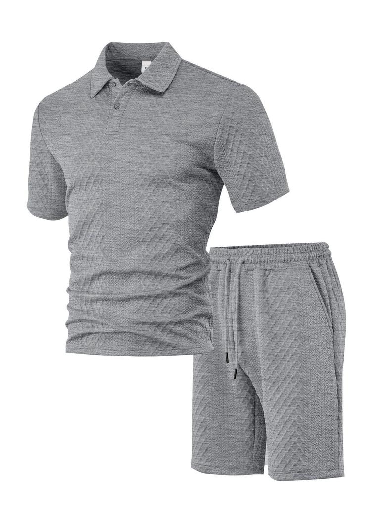 Men's Summer Jacquard Button-Down Polo Shirt & Shorts Set - Casual Sportswear Collection