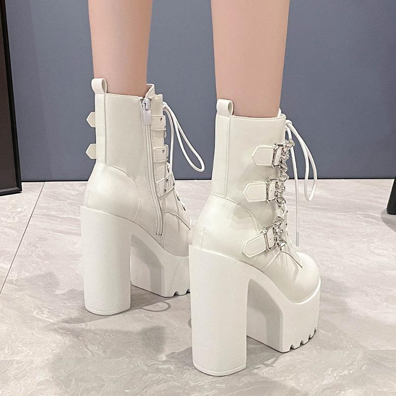 Fashion 14CM Trendy Women's, Chunky Heel Waterproof Platform Pearl Chain, Buckle Punk Styl Thick Sole Motorcycle Boot