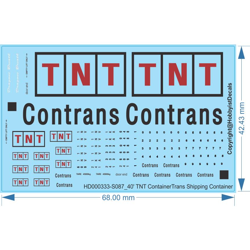 40 TNT ContainerTrans Shipping Container - 1/25 HO (1/87) N (1/160) - Water Decals - Waterslide, 1/25 - Waterslide, 1/25