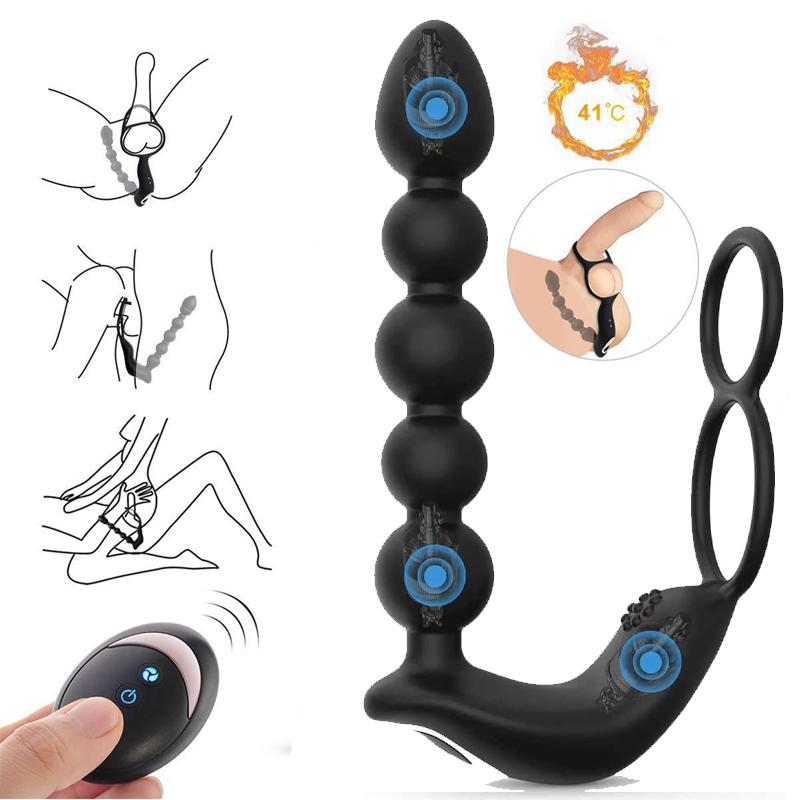 Anal Plug with Ring and Bead Rechargeable Vibrator Waterproof Prostate Massager, Ejaculation Enhancement Erection Longer, 3 Powerful Motors