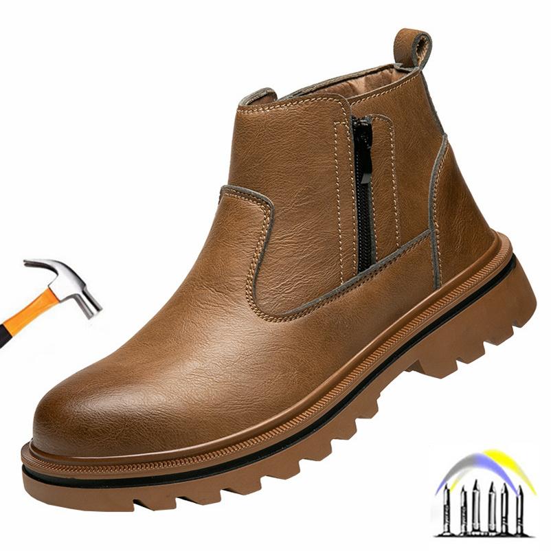 steel toe cap boots waterproof leather work shoes with side zipper anti-slip sneakers men anti smash anti puncture safety shoes