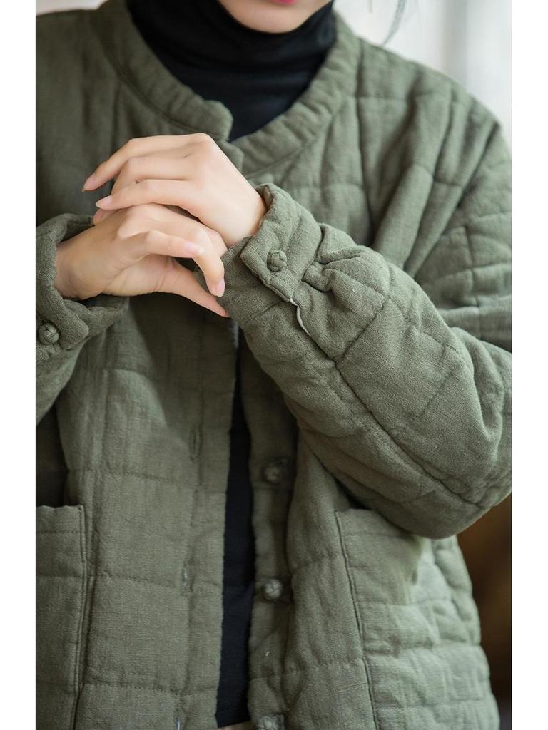 Women's New Style Winter Quilted Plaid Cotton Jacket: Fashionable Literary Short Ramie Coat