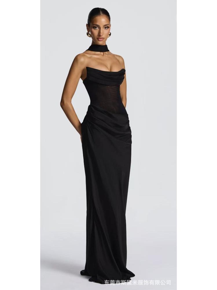 

Women Brown Halter Neck Mesh Sleeve Maxi Dress L чорний