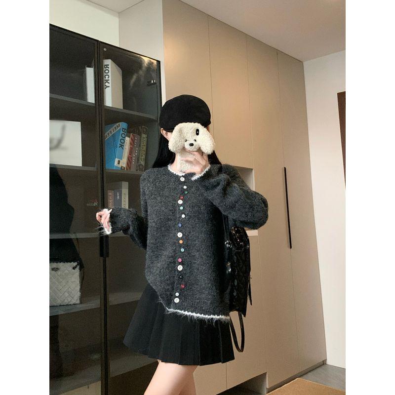 Kumikumi Sweet Chic Color Button Sweater Outwear Female Autumn Loose Slim Looking Niche Style Anti-Aging Top