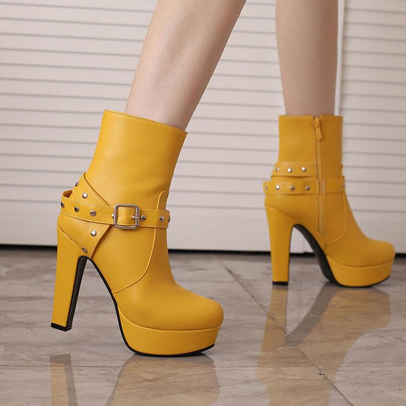 Belt Buckle Platform Boots Women High Heels Ankle Boots Autumn Winter Big Size 42 43 Women's Boots Pumps Ladies Shoes WSH4983