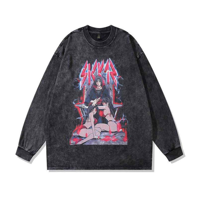Heavy Weight Cotton Long-Sleeved T-Shirt For Men And Women, Dark Cartoon Print Fried Color, Retro Bottoming Pullover Sweater