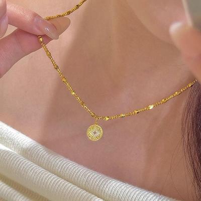 Sparkling Crushed Golden Copper Coin Necklace New In Chinese Style Pendant Double-sided Collar Chain Banquet Party