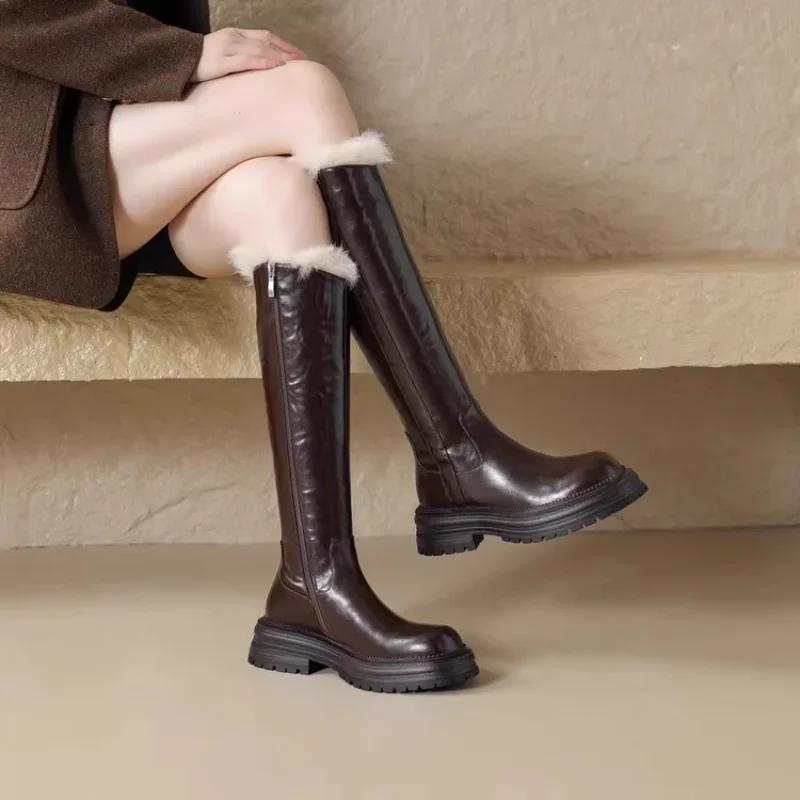 Fashion Women Long Boots 2024 Winter Warm Plush Knight Boot New Style Side Zipper Waterproof Non Slip PU Leather Cold Proof Cotton Boots