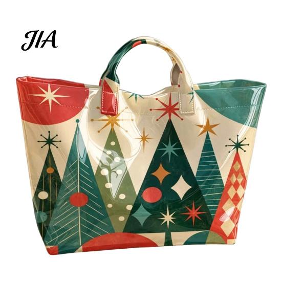 Reinforced Handle Carrying Bag Christmas PVC Tote Bag, Large Waterproof Shoulder Santa Deer Tree Stylish Holiday Gift Print, Reusable Grocery