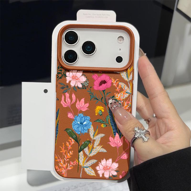 

White Flower Pattern Case For iPhone 17 Pro Max iPhone 16 15 14 13 Pro Max 11 17e 16e Luxury Leather Texture Soft Silicone Matte Cover iPhone 14 Pro коричневый