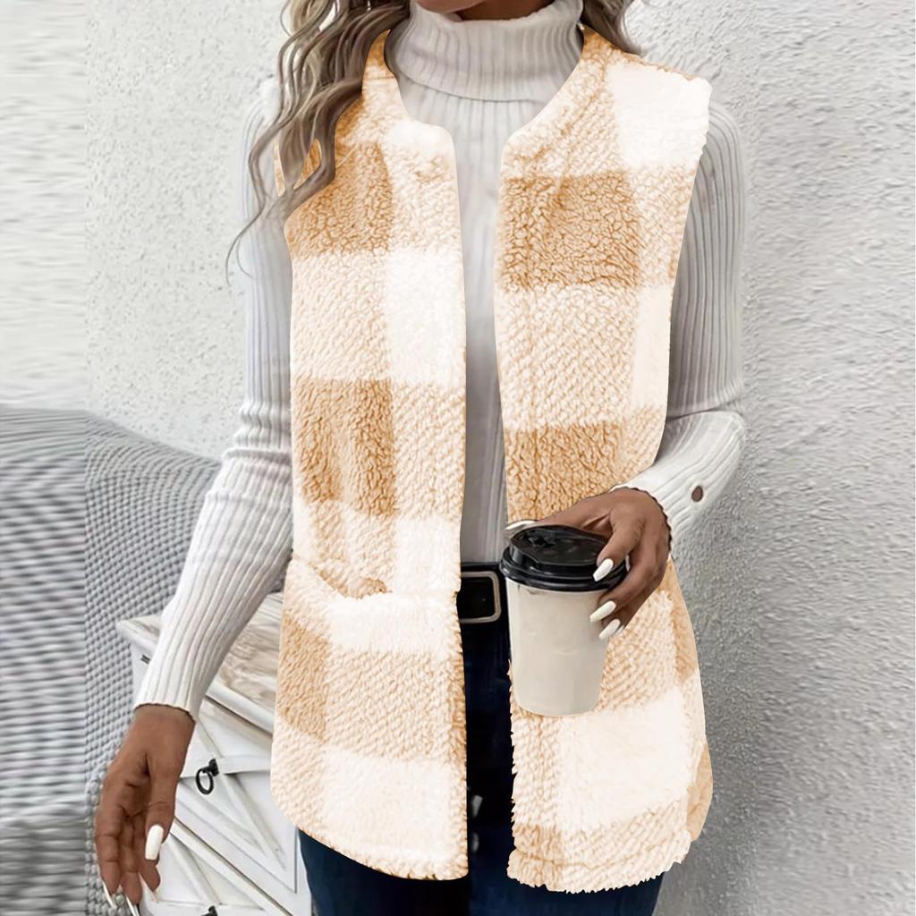 Plaid Fleece Vest For Women  Fall Winter Fuzzy Thermal Warm Sleeveless Jacket Trendy Outwear