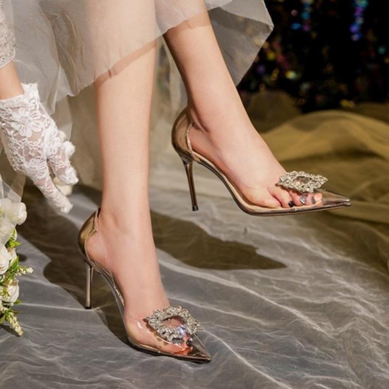 

Новые стильные модные сексуальные прозрачные туфли-лодочки со стразами и заостренным носком, туфли-лодочки на высоком каблуке для свадьбы, весна-лето 36 золотой