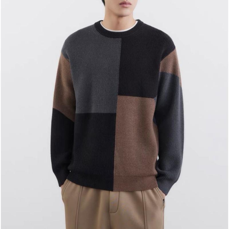 High-end Contrasting Color Splicing Crew Neck Sweater for Men In Autumn and Winter Slightly Loose Lazy Style Sweater Thick Sweater