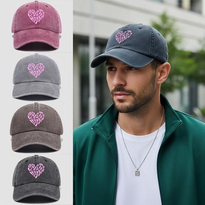 Sweet Heart Printed Visor Baseball Cap Pink Heart-shaped Letter Washed Cotton Peaked Cap Outdoor Leisure Faded