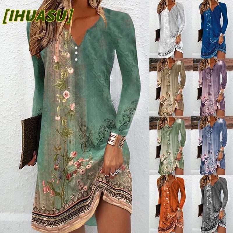 IHUASU Fashion Autumn Winter Long Sleeve V-Neck Casual Dresses