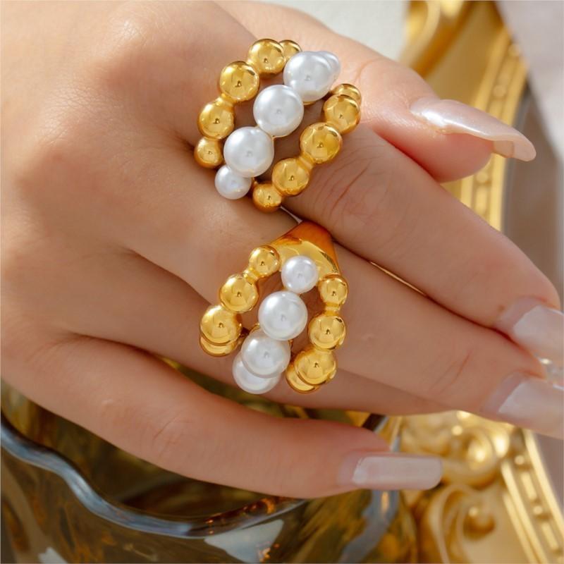 Elegant Inlaid Shell Beads Rings For Women Stainless Steel 18K Gold Plated Waterproof Women's Large Rings Luxury Woman Jewelry