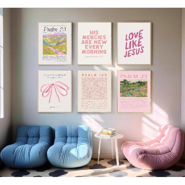 6Pcs Christian Wall Art Pink Bible Verse Canvas Bow Paintings Cute Preppy Posters Coquette Aesthetic Prints Trendy Scripture Jesus Picture Wall Decor