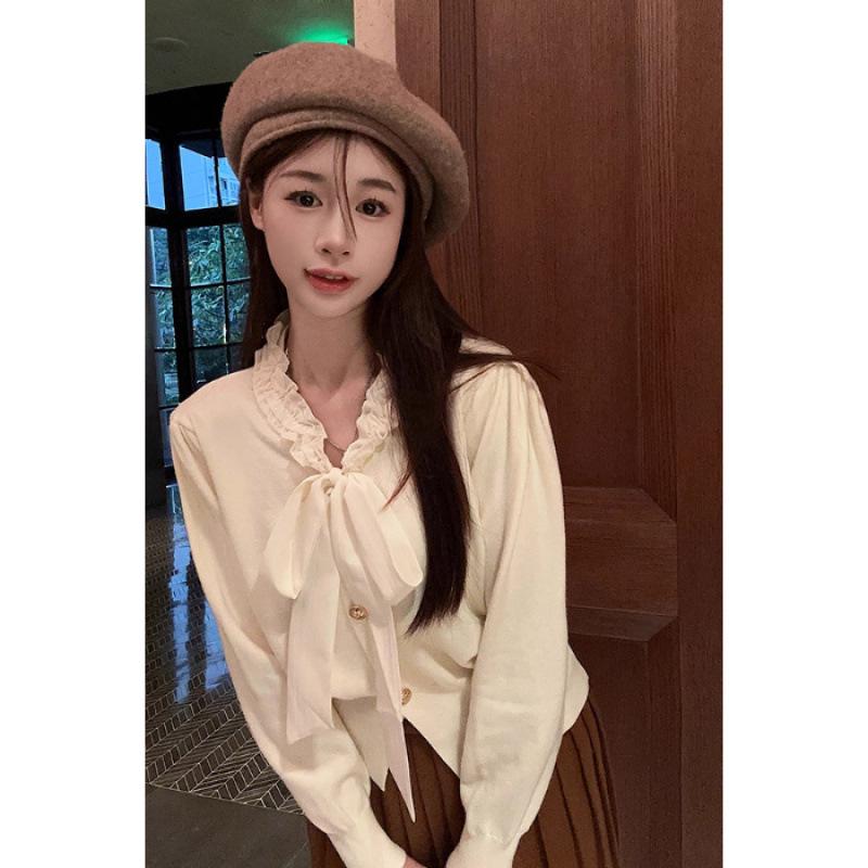 Elegant Bow Tie Lace-Up Long Sleeve Knit Cardigan for Women