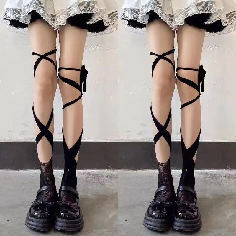 Women Sexy Arbitrarily Bandage Heart Floral Lace Fishnet Stockings Irregular Calf Socks Jk Tie Middle Tube Long Socks 1/2 Pcs