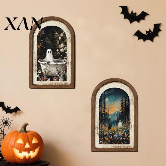 Farmhouse Ghost Decor Halloween Wall Decor, Cute Table Sign, Vintage Arch Framed Autumn Fireplace Accent Picture, Decorative Art for Mantel