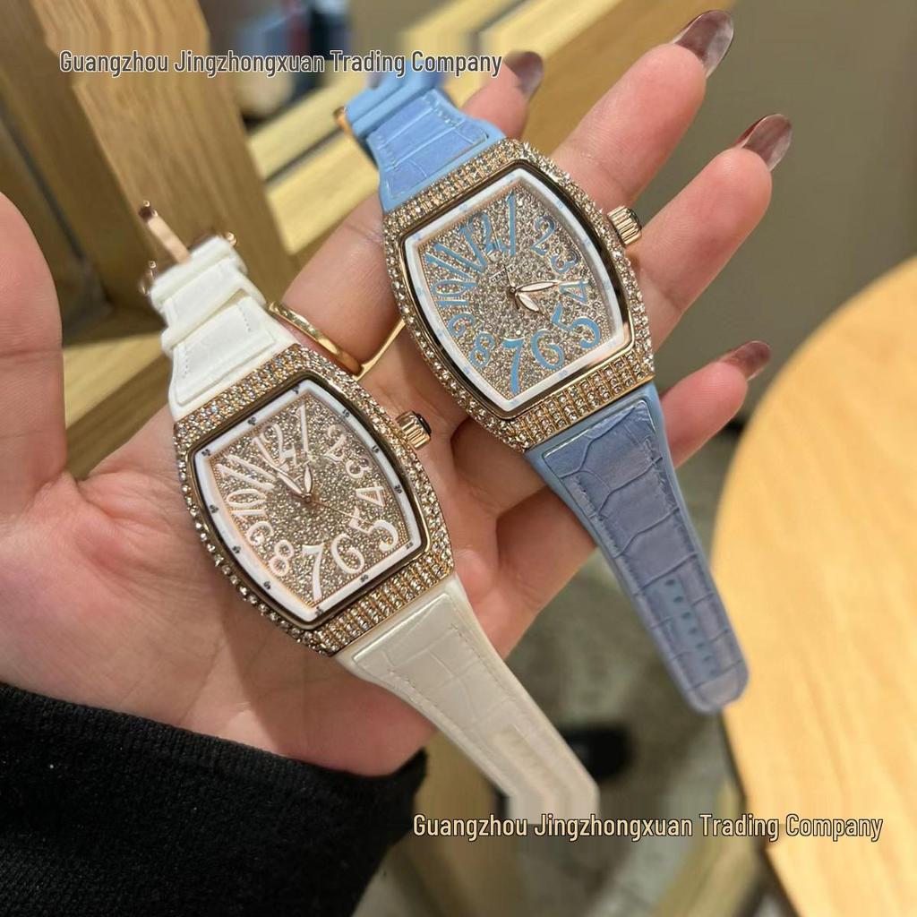 Richard Home Women's Barrel-Shaped Quartz Watch with Leather Strap and Diamond Face.