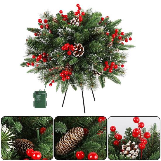 Pre-lit Christmas Tree Urn Filler 20 Inch Artificial Pine Tree with Pinecone Red Berries Battery Powered Light Up Planter Filler with Tripod Stake