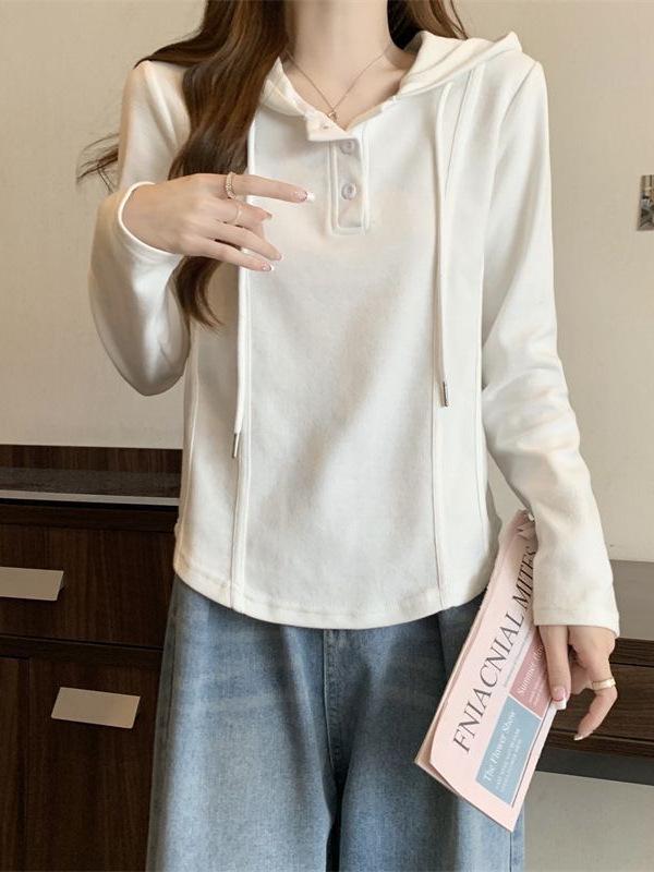 Korean Style Plus Size Hooded Cotton Long-Sleeve T-Shirt for Autumn/Winter - Fashionable Loose Fit Base Layer for Chubby Women